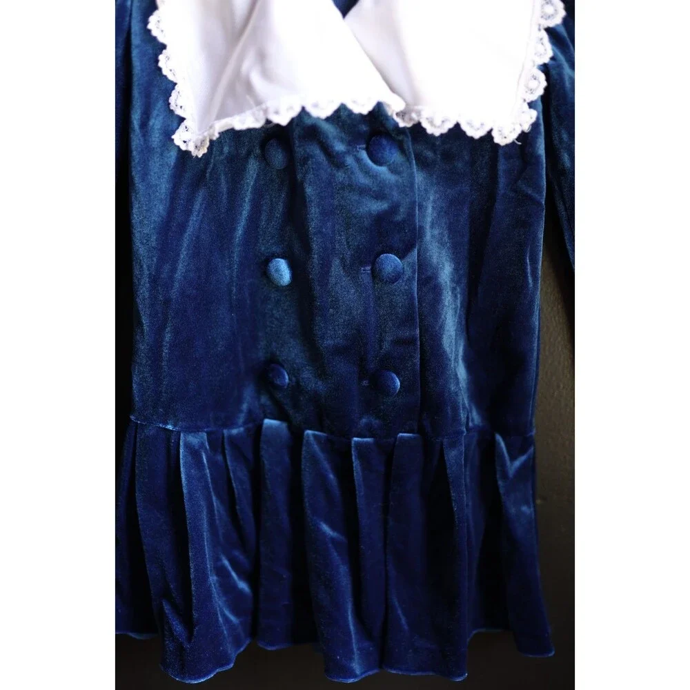 Vintage 80s 90s Royal Blue Velvet White Collar Girls Dress Victorian Style 7P